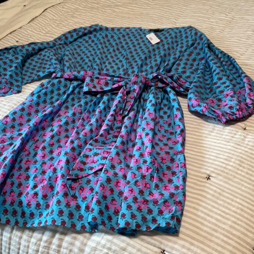 J CREW Blue Pink Floral Puff Sleeve Dress L NWT